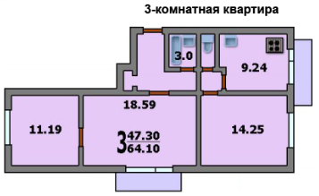 Трехкомнатная квартира в доме II-18, II-18/19, II-18/12